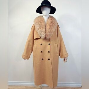 Camel 90% Wool Blend Coat (Handmade) with Removable Real Fur Collar
